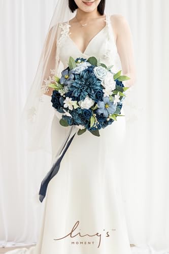 Silky Flower Store Navy Blue Bridal Bouquet, Silk Artificial Wedding Flowers, Round Wedding Bouquet, 13 Inch 1 1 Product: Ling's Moment Navy Blue Bridal Bouquet for Bride, Blue Wedding Bouquets for Bride, 13 Inch Silk Round Artificial Wedding Flowers Bouquets