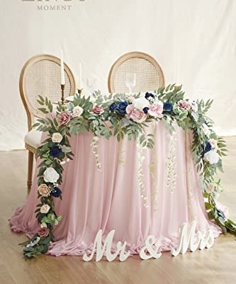 Silky Flower Store Faux Eucalyptus Willow Leaf Garland, White Flower Dusty Rose Navy Wedding Decor, 9FT 6 6 Product: Ling's Moment 9FT Eucalyptus and Willow Leaf Garland with White Flower, Handcrafted Wedding Sweetheart Table Centerpieces Head Table Decor Arch Backdrop Decorations for Wedding | Dusty Rose & Navy