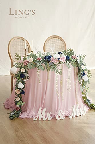 Silky Flower Store Faux Eucalyptus Willow Leaf Garland, White Flower Dusty Rose Navy Wedding Decor, 9FT 1 1 Product: Ling's Moment 9FT Eucalyptus and Willow Leaf Garland with White Flower, Handcrafted Wedding Sweetheart Table Centerpieces Head Table Decor Arch Backdrop Decorations for Wedding | Dusty Rose & Navy
