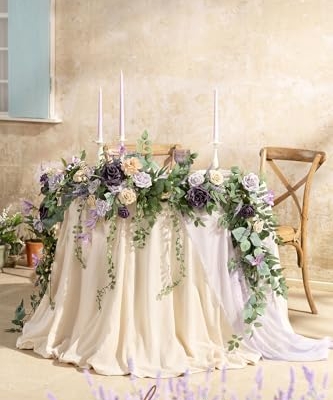 Silky Flower Store Eucalyptus Willow Leaf Garland with White Flower Lavender Purple, 9FT 13 13 Product: Ling's Moment 9FT Eucalyptus and Willow Leaf Garland with White Flower, Handcrafted Wedding Sweetheart Table Centerpieces Head Table Decor Arch Backdrop Decorations for Wedding | Lavender Purple