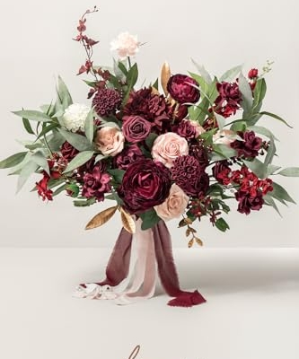 Silky Flower Store Red Burgundy Blush Bridal Bouquet, Artificial Wedding Flower Bouquet, Lings Moment, 17 Inch 13 13 Product: Ling's Moment Red Wedding Bouquets for Bride, Burgundy and Blush Bridal Bouquets for Bride,17 Inch Free Form Artificial Wedding Flower Bouquet