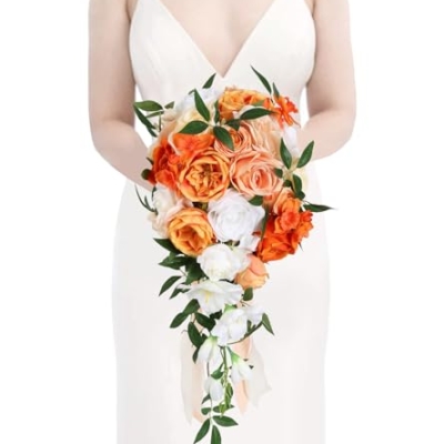 Product: INSUNSIX Wedding Bouquet,10 Inch Terracotta Bouquet Cascading Bridal Bouquets for Bride for Wedding Ceremony and Anniversary(Orange)