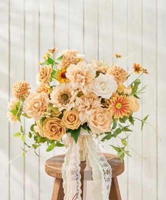 Silky Flower Store Sunflower Bridal Bouquet, Orange Wedding Bouquet for Bride, Silk Free Form Wedding Flowers, 15 Inch 15 15 Product: Ling's Moment Sunflower Bridal Bouquet, Orange Wedding Bouquets for Bride, 15 Inch Silk Free Form Bridal Bouquets Artificial Wedding Flower Bouquet