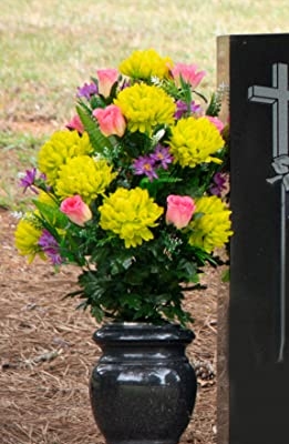 Product: Sympathy Silks Artificial Cemetery Flowers – Realistic Vibrant Roses, Outdoor Grave Decorations - Non-Bleed Colors, and Easy Fit - 1 Lime Mum and Lavender Rose Bouquet