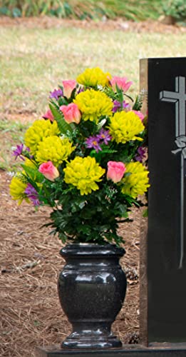Product: Sympathy Silks Artificial Cemetery Flowers – Realistic Vibrant Roses, Outdoor Grave Decorations - Non-Bleed Colors, and Easy Fit - 1 Lime Mum and Lavender Rose Bouquet
