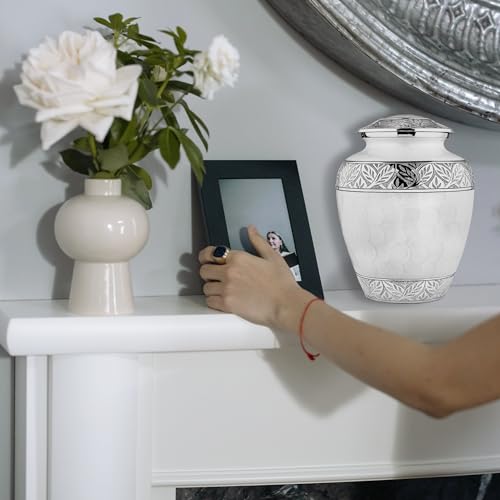 Silky Flower Store Trupoint Memorials Cremation Urn for Human Ashes, Large White Silver Lined Adult Memorial Urn, 9.5 x 7 inches 7 7 Product: Trupoint Memorials Cremation Urns for Human Ashes, Decorative Burial Urn for Adult Men and Women, Large White with Silver Lining