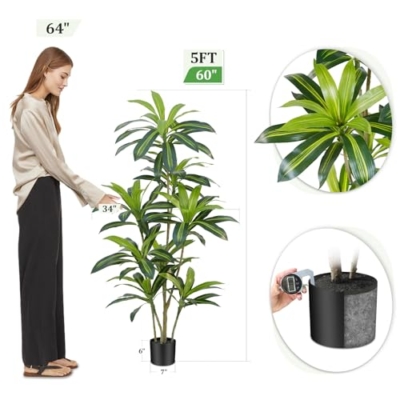 Product: ZEEOZE Dracaena Plant Artificial Tree 5Ft Tall Fake Tropical Floor Plants Potted (Real Touch) Artificial Silk Tree Leaf Faux Trees Black Tall Planter for Home Office Living Room Indoor Outdoor Decor