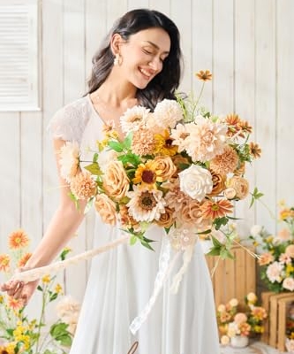 Silky Flower Store Sunflower Bridal Bouquet, Orange Wedding Bouquet for Bride, Silk Free Form Wedding Flowers, 15 Inch 14 14 Product: Ling's Moment Sunflower Bridal Bouquet, Orange Wedding Bouquets for Bride, 15 Inch Silk Free Form Bridal Bouquets Artificial Wedding Flower Bouquet