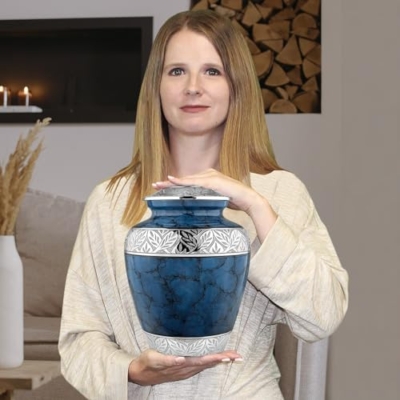 Product: Trupoint Memorials Cremation Urns for Human Ashes, Decorative Burial Urn for Adult Men and Women, Large Dark Blue with Silver Lining