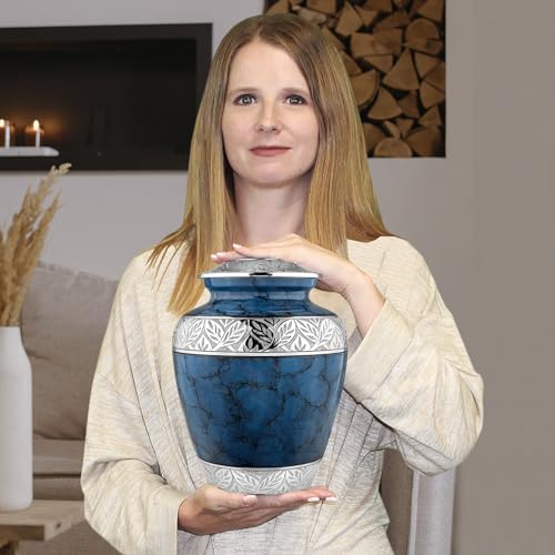 Product: Trupoint Memorials Cremation Urns for Human Ashes, Decorative Burial Urn for Adult Men and Women, Large Dark Blue with Silver Lining