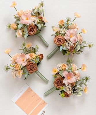 Product: Ling's Moment Artificial Flowers Apricot and Peach Bridesmaid Bouquet Set of 4, Peach Wedding Flowers Bouquets for Bridesmaids, 7 Inch Bridal Bouquets for Bridesmaids, Wedding, etc