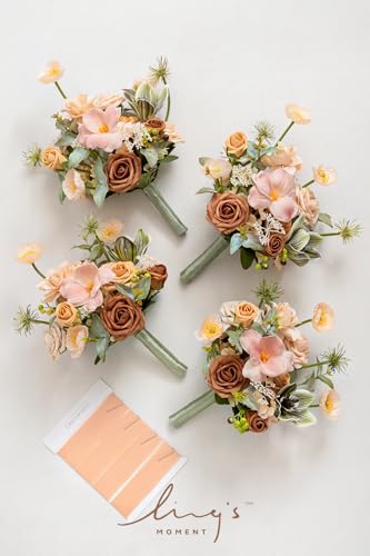 Product: Ling's Moment Artificial Flowers Apricot and Peach Bridesmaid Bouquet Set of 4, Peach Wedding Flowers Bouquets for Bridesmaids, 7 Inch Bridal Bouquets for Bridesmaids, Wedding, etc