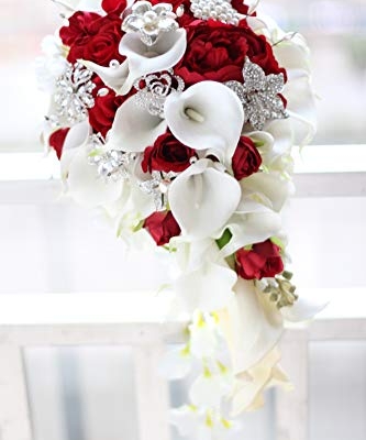 Silky Flower Store Bridal Bouquet Wedding Calla Lilies Rose Pearl Brooch Bouquet, Red, Handmade Faux Floral Arrangement 32.5cm 15 15 Product: IFFO Bridal Bouquets for Wedding, Calla Lilies Simulation Rose Diamonds Pearl Bride Wedding Bouquet, Romantic Wedding Party Decoration Confession (red)