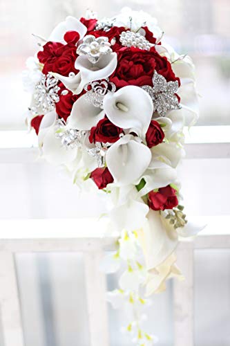 Silky Flower Store Bridal Bouquet Wedding Calla Lilies Rose Pearl Brooch Bouquet, Red, Handmade Faux Floral Arrangement 32.5cm 6 6 Product: IFFO Bridal Bouquets for Wedding, Calla Lilies Simulation Rose Diamonds Pearl Bride Wedding Bouquet, Romantic Wedding Party Decoration Confession (red)