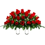 Product: Sympathy Silks Artificial Cemetery Flowers - Mothers Day Flowers - 30" Ruby Red Roses Saddle for Headstone Decoration