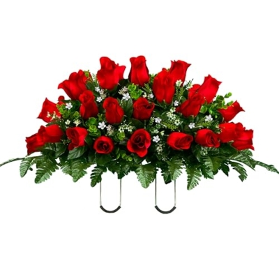 Product: Sympathy Silks Artificial Cemetery Flowers - Mothers Day Flowers - 30" Ruby Red Roses Saddle for Headstone Decoration
