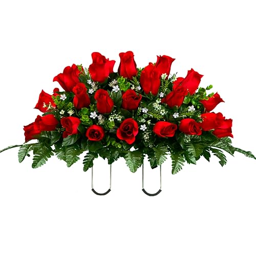 Sympathy Silks Artificial Cemetery Flowers - Mothers Day Flowers - 30" Ruby Red Roses Saddle for Headstone Decoration - Artificial Flower Arrangements Product: Sympathy Silks Artificial Cemetery Flowers - Mothers Day Flowers - 30" Ruby Red Roses Saddle for Headstone Decoration