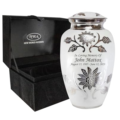Product: Large Pearl White Funeral Cremation Urn for Human Ashes with Personalization and Velvet Box