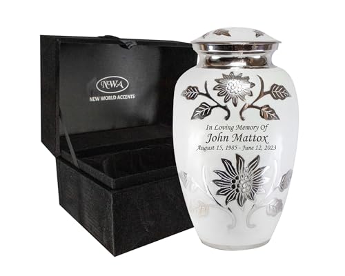 Product: Large Pearl White Funeral Cremation Urn for Human Ashes with Personalization and Velvet Box