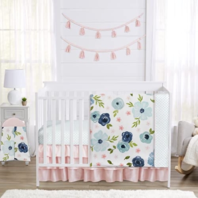 Product: Sweet Jojo Designs 4-Piece Baby Crib Bedding Set (Pink/Blue Boho Floral) for Girls, Infants/Nursery incl. Blanket, Fitted Sheet, Skirt, Diaper Stacker (Watercolor, Rose, Polka Dot, Shabby Chic, Navy)
