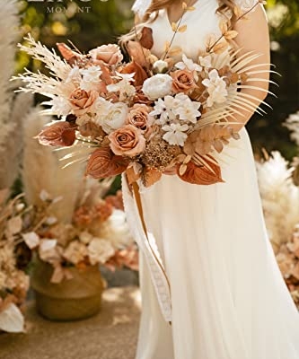 Silky Flower Store Boho Bridal Bouquet, Terracotta Silk Wedding Bouquet, Rustic Artificial Wedding Flowers, 17 Inch 9 9 Product: Ling's Moment Boho Bridal Bouquet, Rustic Wedding Bouquets for Bride, 17 Inch Silk Free Form Fall Terracotta Artificial Wedding Flower Bouquet