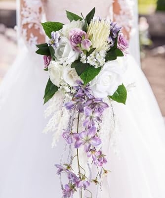 Silky Flower Store Bridal Bouquet Purple White Silk Wedding Flowers, Artificial Wedding Bouquet, Ivory Roses, 9 Inch 15 15 Product: INSUNSIX Bridal Bouquet,9 Inch Wedding Bouquets Purple and White Fake Wedding Silk Flowers for Ceremony Anniversary Brides Shower(Purple)