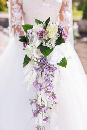Silky Flower Store Bridal Bouquet Purple White Silk Wedding Flowers, Artificial Wedding Bouquet, Ivory Roses, 9 Inch 6 6 Product: INSUNSIX Bridal Bouquet,9 Inch Wedding Bouquets Purple and White Fake Wedding Silk Flowers for Ceremony Anniversary Brides Shower(Purple)