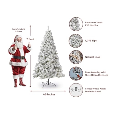 Product: KING OF CHRISTMAS 7 Foot Snow Flocked Artificial Christmas Tree Unlit, Prince Flock Holiday Xmas Tree with Hinged Sections & Metal Stand for Home, Office, Indoor & Outdoor Decoration