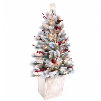 Silky Flower Store Pre-Lit Frosted Fir Potted Christmas Tree, Soft White LED Lights, Faux Red Berries, Whitewash Wood Pot, 4 Foot 15 15 Product: Haute Decor 4 Foot Pre-lit Ashcroft Artificial Frosted Fir Potted Christmas Tree with 100 Soft White LED Lights