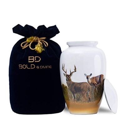 Product: BOLD & DIVINE Hand Painted Deer Grazing Cremation Urn | Human Ashes Adult Memorial urn, Burial, Funeral Cremation Urns | 200 Cubic Inches (Large Adult Urn) with Unique Velvet Bag