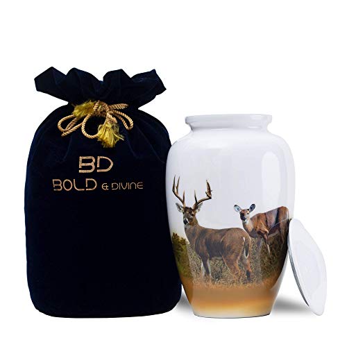 BOLD & DIVINE Hand Painted Deer Grazing Cremation Urn | Human Ashes Adult Memorial urn, Burial, Funeral Cremation Urns | 200 Cubic Inches (Large Adult Urn) with Unique Velvet Bag - Artificial Flower Arrangements Product: BOLD & DIVINE Hand Painted Deer Grazing Cremation Urn | Human Ashes Adult Memorial urn, Burial, Funeral Cremation Urns | 200 Cubic Inches (Large Adult Urn) with Unique Velvet Bag