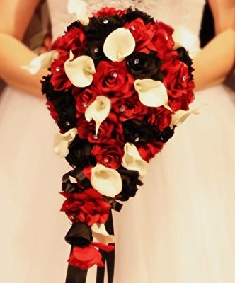 Silky Flower Store Artificial Wedding Cascade Bouquet, Black Red White Calla Lily Boutonniere, 10W x 20L 8 8 Product: Angel Isabella Artificial Wedding Cascade Bouquet Black Red White with Boutonniere