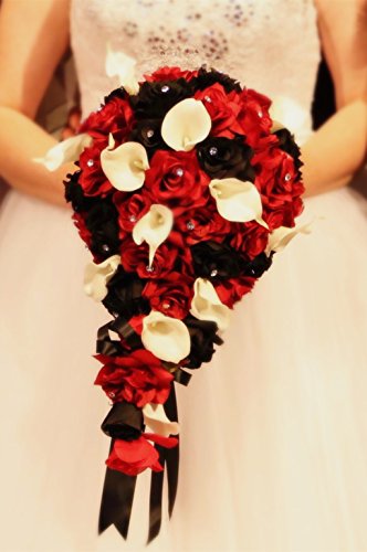 Silky Flower Store Artificial Wedding Cascade Bouquet, Black Red White Calla Lily Boutonniere, 10W x 20L 3 3 Product: Angel Isabella Artificial Wedding Cascade Bouquet Black Red White with Boutonniere