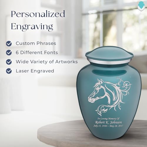 Product: Geturns Embrace Adult Personalized Horse Cremation Urns for Human Ashes I Large Teal Funeral Urn for Men and Women I 200 lbs