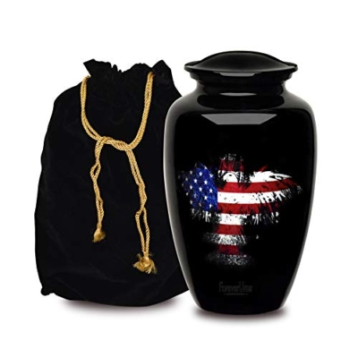 Product: Forever URNS Adult Cremation Funeral Urn with Printed American Eagle Flag Theme for Human Ashes of Female & Male | 200 cu in | Large | Black | Completely Handcrafted with Velvet Protection Bag