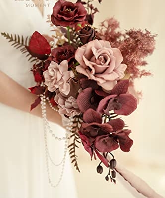 Silky Flower Store Red Burgundy Cascading Bridal Bouquet, Artificial Wedding Bouquet, Mauve Wine Bridal Flowers, 13 Inch x 20 Inch 10 10 Product: Ling's Moment Red Bridal Bouquet Cascading, Burgundy Wedding Bouquets for Bride, 13 Inch Bride Bouquets for Wedding Artificial Flowers Bouquets