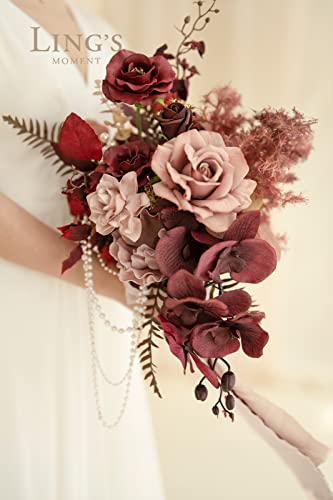 Silky Flower Store Red Burgundy Cascading Bridal Bouquet, Artificial Wedding Bouquet, Mauve Wine Bridal Flowers, 13 Inch x 20 Inch 3 3 Product: Ling's Moment Red Bridal Bouquet Cascading, Burgundy Wedding Bouquets for Bride, 13 Inch Bride Bouquets for Wedding Artificial Flowers Bouquets