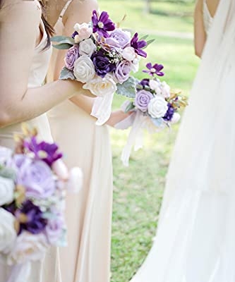 Product: Ling's Moment Artificial Flowers Purple Bridesmaid Bouquet Set of 4, Lilac and Gold Wedding Flowers Bouquets for Bridesmaids, 7 Inch Bridal Bouquets for Bridesmaids, Wedding, Ceremony, Anniversary, et