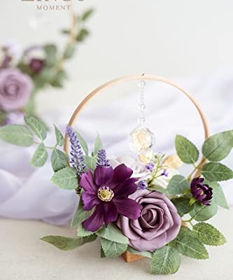 Silky Flower Store Crystal Wooden Hoop Wreath Floral Centerpieces, Lilac Gold Faux Floral Arrangements, Set of 3, 20.5cm 6 6 Product: Ling's Moment Crystal Wooden Hoop Wreath Floral Centerpieces for Sweetheart Table, Head Table, Ceremony Reception Artificial Flowers Decorations, Assemble Required - Lilac & Gold