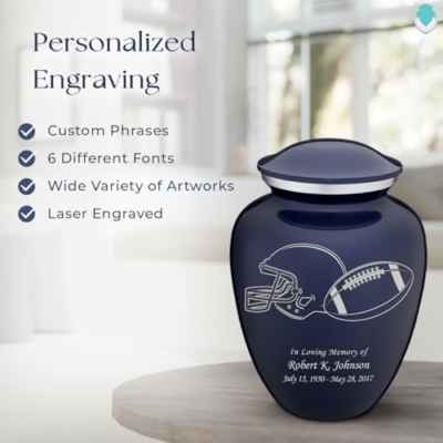 Product: Geturns Embrace Adult Personalized Football Cremation Urns for Human Ashes I Large Cobalt Blue Funeral Urn for Adult Men and Women with Double Side Engraving I 200 lbs
