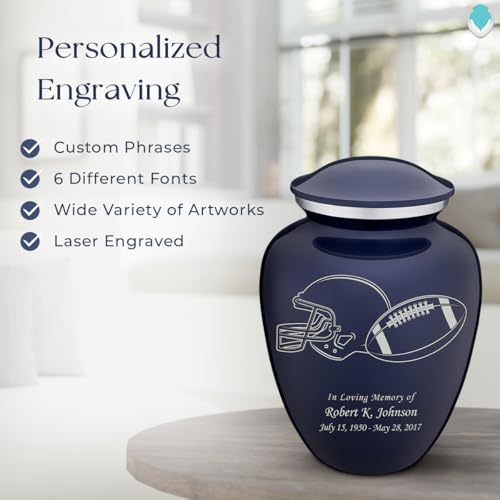 Product: Geturns Embrace Adult Personalized Football Cremation Urns for Human Ashes I Large Cobalt Blue Funeral Urn for Adult Men and Women with Double Side Engraving I 200 lbs