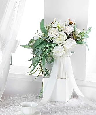 Silky Flower Store Artificial Bridal Bouquet, White Greenery Cascading Bouquet, Wedding Floral Arrangement, 12 Inch 11 11 Product: BENCENTRE 12-Inch White & Greenery Cascading Bridal Bouquet for Wedding Ceremony, Anniversary, French Rustic Vintage Style - Artificial Flowers