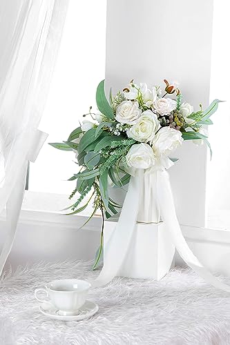 Silky Flower Store Artificial Bridal Bouquet, White Greenery Cascading Bouquet, Wedding Floral Arrangement, 12 Inch 5 5 Product: BENCENTRE 12-Inch White & Greenery Cascading Bridal Bouquet for Wedding Ceremony, Anniversary, French Rustic Vintage Style - Artificial Flowers