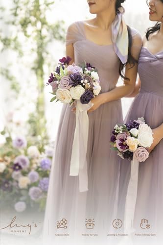 Product: Ling's Moment Artificial Flowers Purple Bridesmaid Bouquet Set of 4, Lilac and Gold Wedding Flowers Bouquets for Bridesmaids, 7 Inch Bridal Bouquets for Bridesmaids, Wedding, Ceremony, Anniversary, et