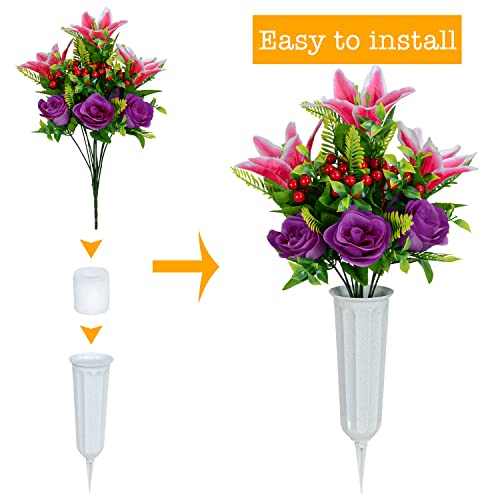 Product: Artificial Cemetery Flowers for Grave, Set of 2 Artificial Flowers Bouquet Memorial Flowers with Vase for Outdoor Cemetery Headstones Graveyard Gravestone Decoration (Pink Lily&Purple Rose)
