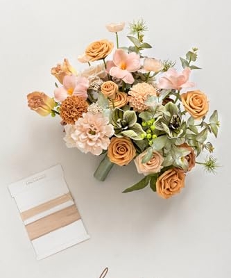Silky Flower Store Peach Apricot Artificial Bridal Bouquet, Wedding Flower Bouquet for Bride, Ribbons Card, 15 Inch x 11 Inch 14 14 Product: Ling's Moment Peach Wedding Bouquets for Bride, Apricot Bridal Bouquets for Bride,15 Inch Free Form Artificial Wedding Flower Bouquet