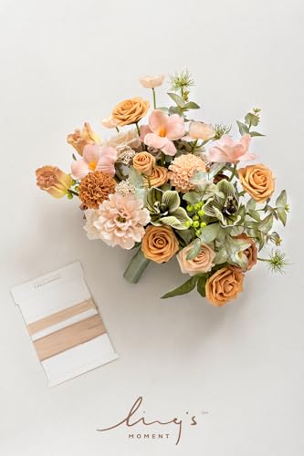 Silky Flower Store Peach Apricot Artificial Bridal Bouquet, Wedding Flower Bouquet for Bride, Ribbons Card, 15 Inch x 11 Inch 6 6 Product: Ling's Moment Peach Wedding Bouquets for Bride, Apricot Bridal Bouquets for Bride,15 Inch Free Form Artificial Wedding Flower Bouquet
