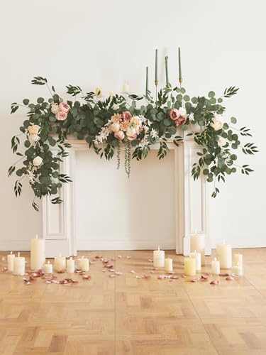Silky Flower Store Artificial Eucalyptus Willow Leaf Garland with Flowers, Peony Rose Vine Wall Hanging, 8ft 3 3 Product: MISSPIN 8FT Eucalyptus and Willow Leaf Garland with Artificial Flowers Fake Flower Peony Rose Vine Greenery Decorative Wall Hanging Plant for Spring Wedding Arch Door Arrangement Party Decor