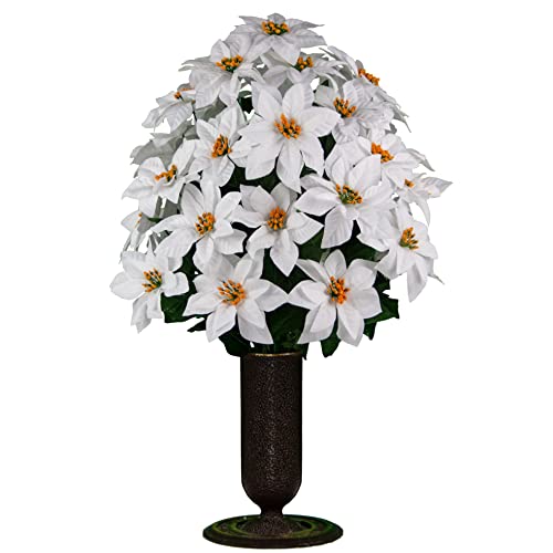 Product: Sympathy Silks Artificial Cemetery Flowers - Realistic - Outdoor Grave Decorations - White Christmas Poinsettias - 28" Tall
