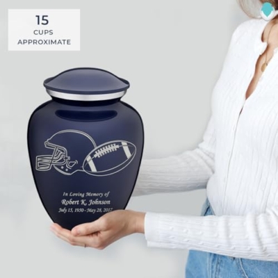 Product: Geturns Embrace Adult Personalized Football Cremation Urns for Human Ashes I Large Cobalt Blue Funeral Urn for Adult Men and Women with Double Side Engraving I 200 lbs